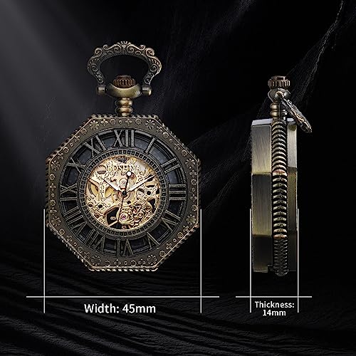 BOSHIYA Mechanical Pocket Watch Luminous Steampunk Vintage Pocket Watch/with Chains/Hand Wind Up/Black Skeleton/Dial Roman Numberals… (Octagon-Bronze) - Image 5