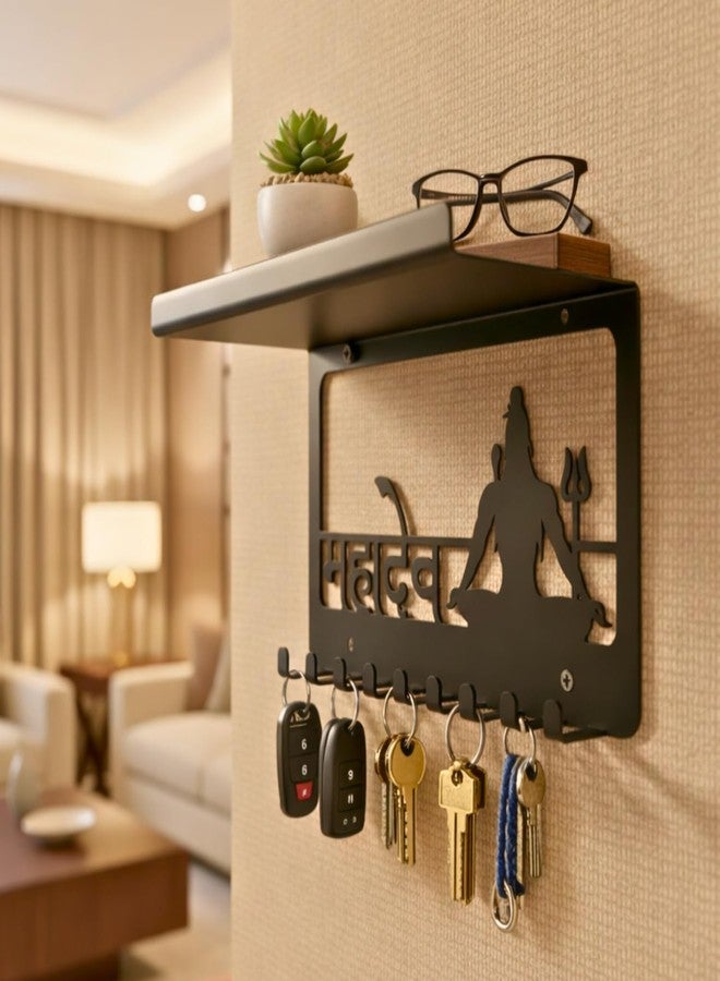 MEET DECOR Metal Mahadev Key Holder with Shelf & Mobile Stand | 9 Hooks Key Hanger Wall Mount No Drill | Multipurpose Key Rack Organizer for Home Entryway Kitchen | Decorative Wall Shelf - Image 1