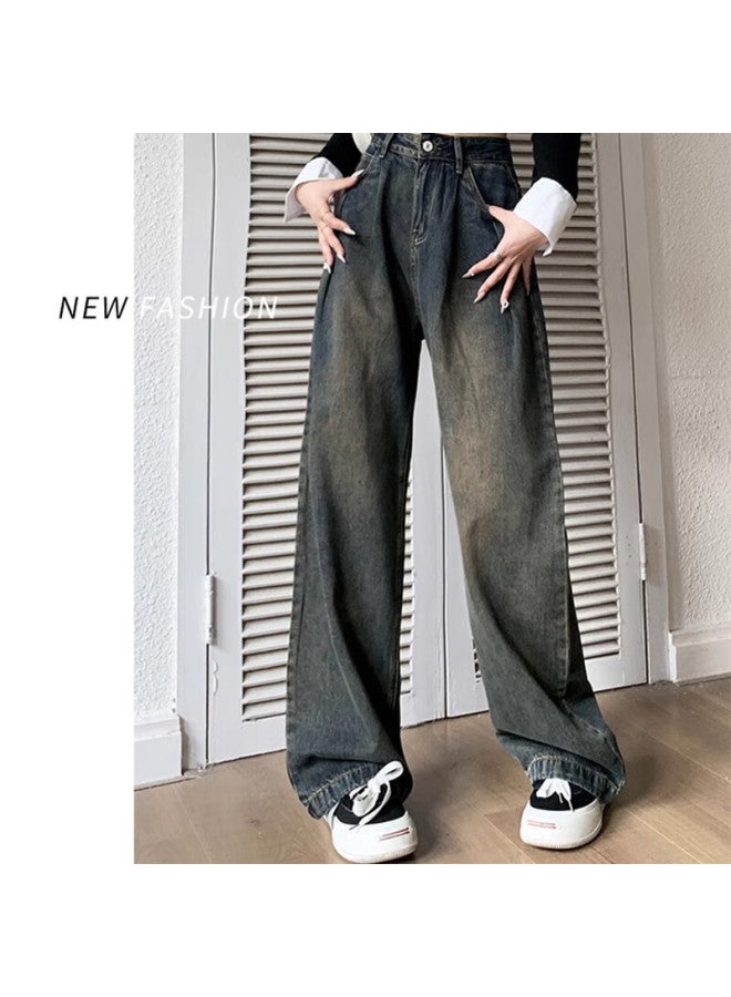 Yishangmei Women's Spring/autumn New High Waist Slimming Retro Wide Leg Jeans Loose Fit Pee Black Straight Pants - Image 5