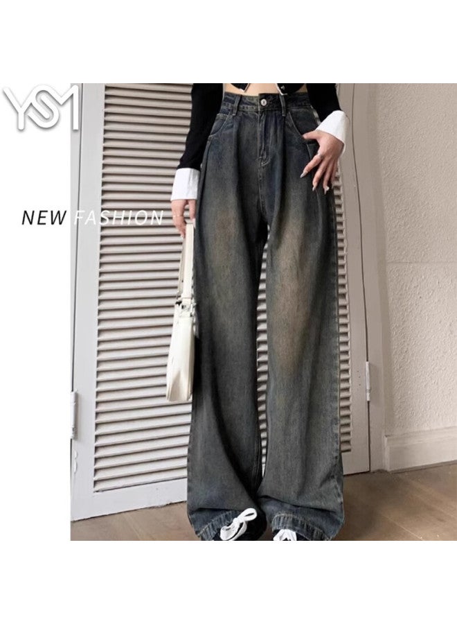 Yishangmei Women's Spring/autumn New High Waist Slimming Retro Wide Leg Jeans Loose Fit Pee Black Straight Pants - Image 1