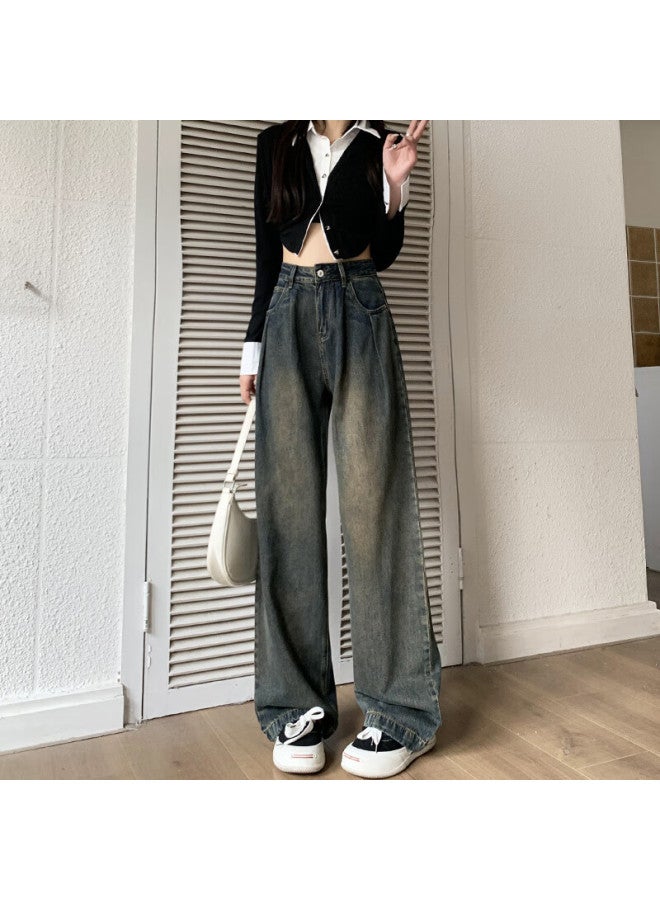 Yishangmei Women's Spring/autumn New High Waist Slimming Retro Wide Leg Jeans Loose Fit Pee Black Straight Pants - Image 2