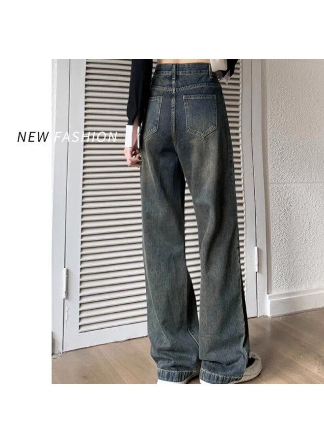 Yishangmei Women's Spring/autumn New High Waist Slimming Retro Wide Leg Jeans Loose Fit Pee Black Straight Pants - Image 3