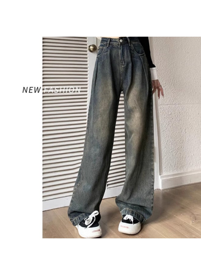 Yishangmei Women's Spring/autumn New High Waist Slimming Retro Wide Leg Jeans Loose Fit Pee Black Straight Pants - Image 4