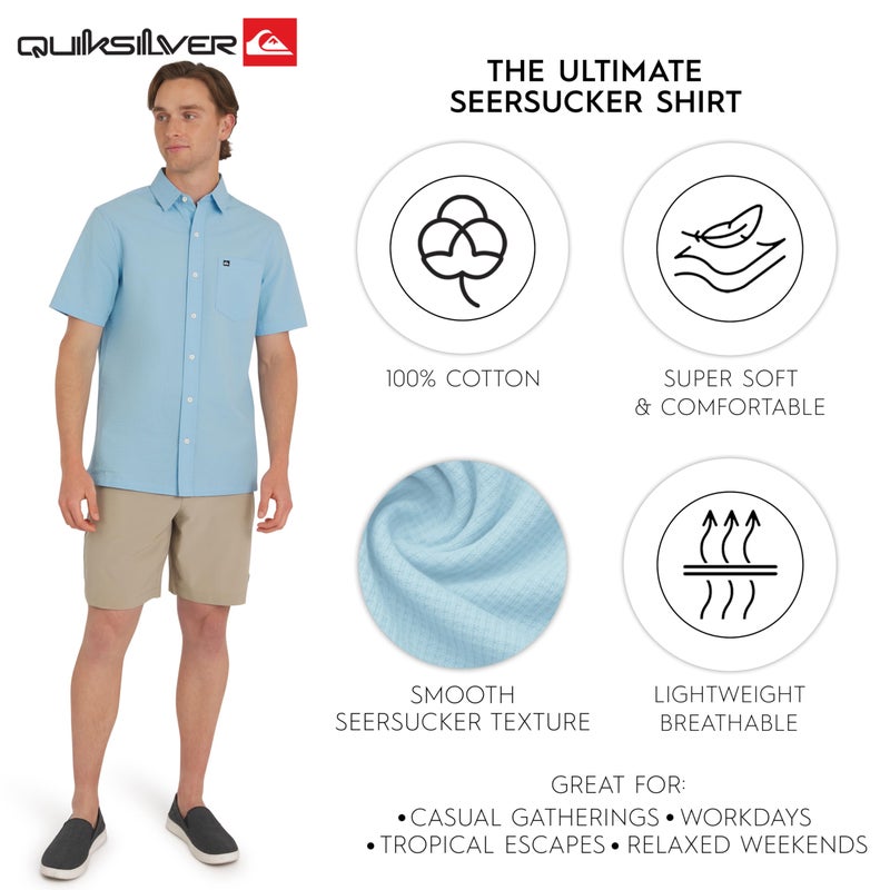 Quiksilver Men's Regular Fit Premium Cotton Short Sleeve Button Down Seersucker Shirt, Light Blue, Large - Image 3