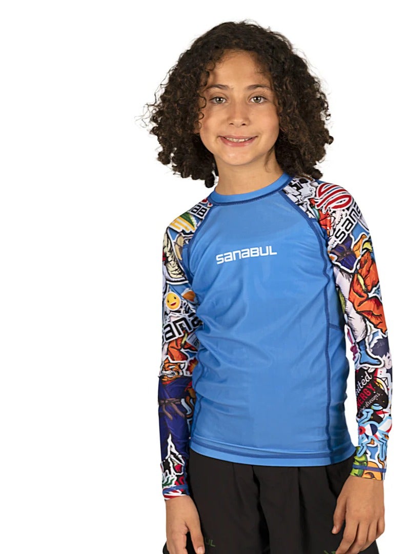 Sanabul  SB Kids Rash Guard Roar Rage Blue X-Large – Protective Compression Shirt for Children in Martial Arts & MMA - Image 1