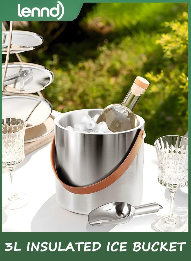 LENND Double-Wall Vacuum Insulated Ice Bucket with Lid, Scoop, Ice Tong, Strainer & Leather Handle Keep Ice Frozen Longer Large Wine Ice Buckets for Cocktail Bar,Parties Chilling Beer Champagne 3L - Image 3