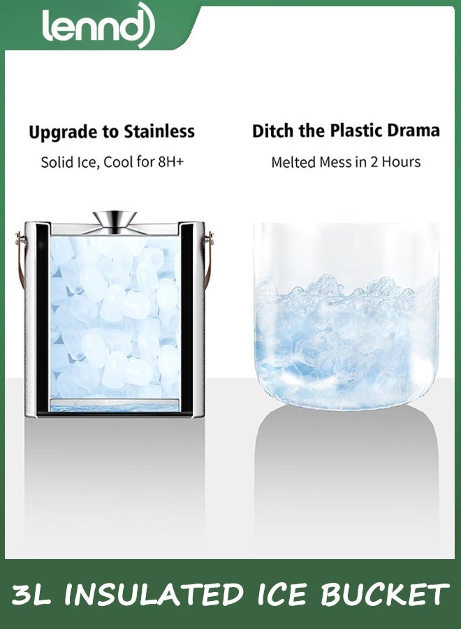 LENND Double-Wall Vacuum Insulated Ice Bucket with Lid, Scoop, Ice Tong, Strainer & Leather Handle Keep Ice Frozen Longer Large Wine Ice Buckets for Cocktail Bar,Parties Chilling Beer Champagne 3L - Image 5