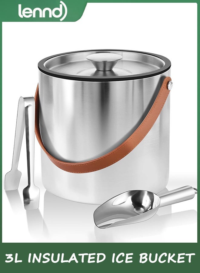 LENND Double-Wall Vacuum Insulated Ice Bucket with Lid, Scoop, Ice Tong, Strainer & Leather Handle Keep Ice Frozen Longer Large Wine Ice Buckets for Cocktail Bar,Parties Chilling Beer Champagne 3L - Image 1