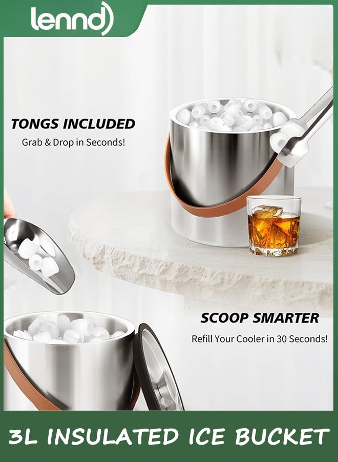 LENND Double-Wall Vacuum Insulated Ice Bucket with Lid, Scoop, Ice Tong, Strainer & Leather Handle Keep Ice Frozen Longer Large Wine Ice Buckets for Cocktail Bar,Parties Chilling Beer Champagne 3L - Image 2
