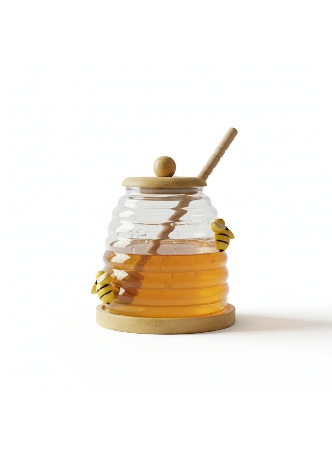 Glass Honey Jar With Wooden Spoon and Coaster, Cute Bee Decoration 500ml - Image 1