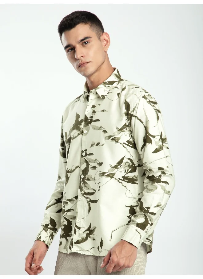 Beyoung Off White Abstract Floral Printed Shirt