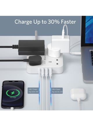 LENCENT تمديد الرصاص مع منفذ USB C ، 4 منافذ توصيل الطاقة مع 4 منافذ USB (3.4A ، 1 النوع C و 3 منافذ USB-A) محطة شحن متعددة التوصيل مع سلك تمديد مضفر 3M للمنزل والمكتب 3250W - view 4