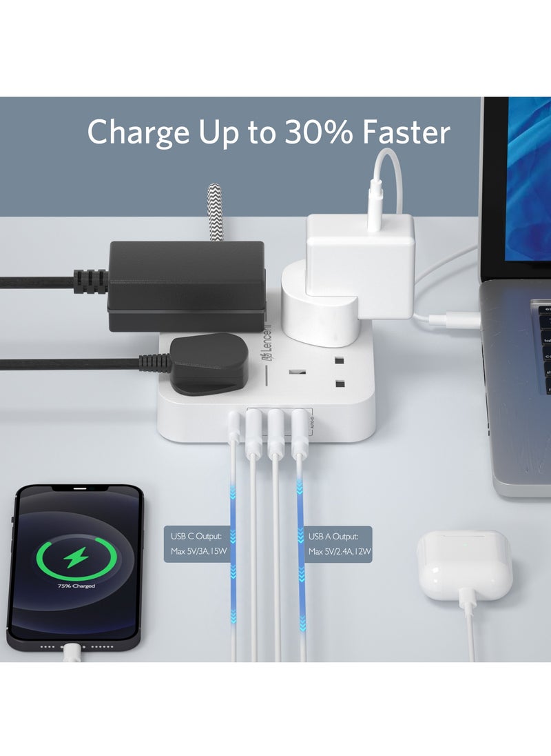 لينسينت LENCENT تمديد الرصاص مع منفذ USB C ، 4 منافذ توصيل الطاقة مع 4 منافذ USB (3.4A ، 1 النوع C و 3 منافذ USB-A) محطة شحن متعددة التوصيل مع سلك تمديد مضفر 3M للمنزل والمكتب 3250W  - Image 4