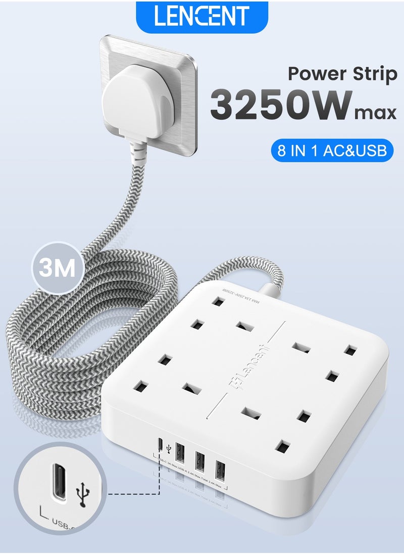 لينسينت LENCENT تمديد الرصاص مع منفذ USB C ، 4 منافذ توصيل الطاقة مع 4 منافذ USB (3.4A ، 1 النوع C و 3 منافذ USB-A) محطة شحن متعددة التوصيل مع سلك تمديد مضفر 3M للمنزل والمكتب 3250W  - Image 1