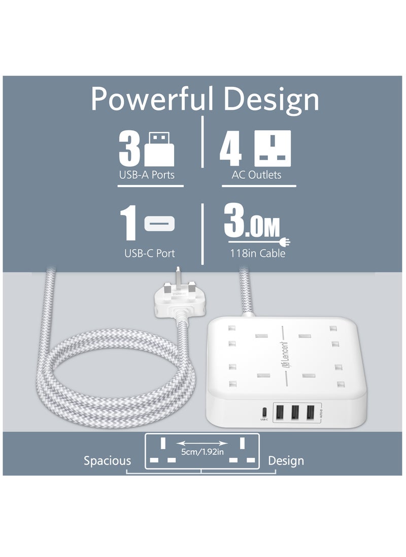 Lencent - LENCENT Extension Lead with USB C Port,4 Way Outlets Power Strip with 4 USB Ports (3.4A,1 Type C and 3 USB-A Ports) Multi Plug Charging Station with 3M Braided Extension cord for Home Office 3250W - Image 1