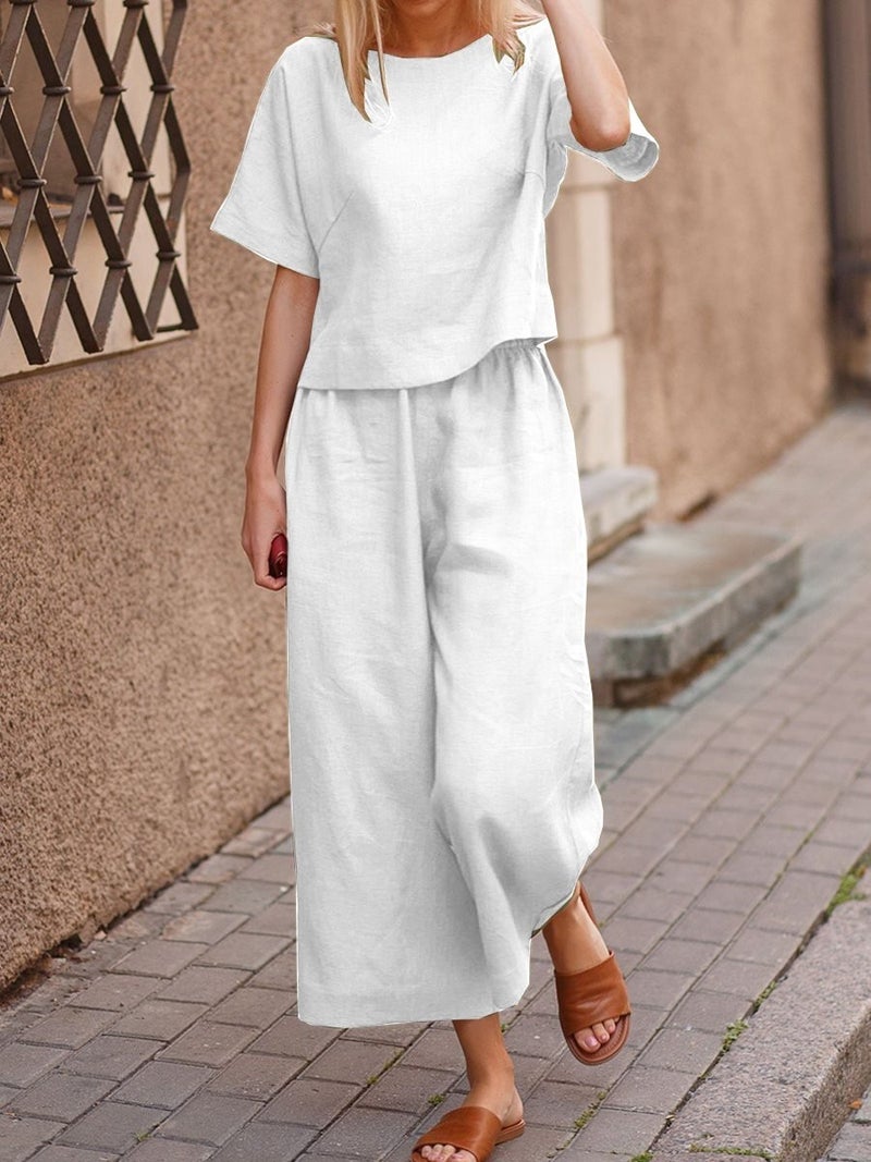 Barbora Linen Daily Comfortable Elastic Waist Women's Two Piece Set Bottom Top LN10EKRU 