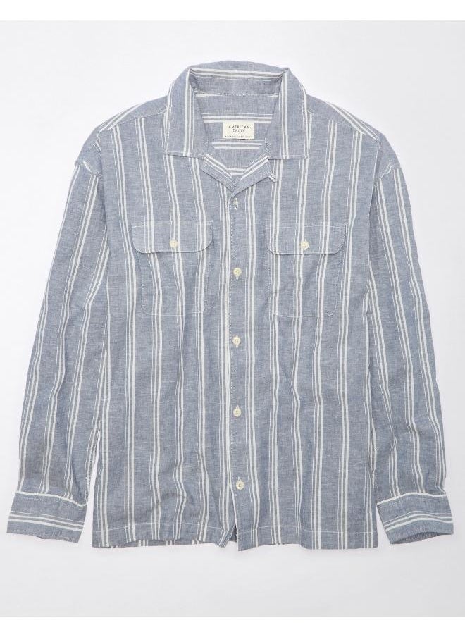 American Eagle Linen-Blend Mechanic Regular Fit  Striped Shirt  - Image 3