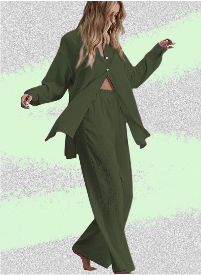 Moovant 2-Piece Women's Cotton and Linen Clothes Set, Long-sleeved Shirt + Loose Pants Set, Ladies Casual Shirt Suit, Soft Skin-friendly Long-Sleeve Lapel Shirt, Dark Green  - Image 2
