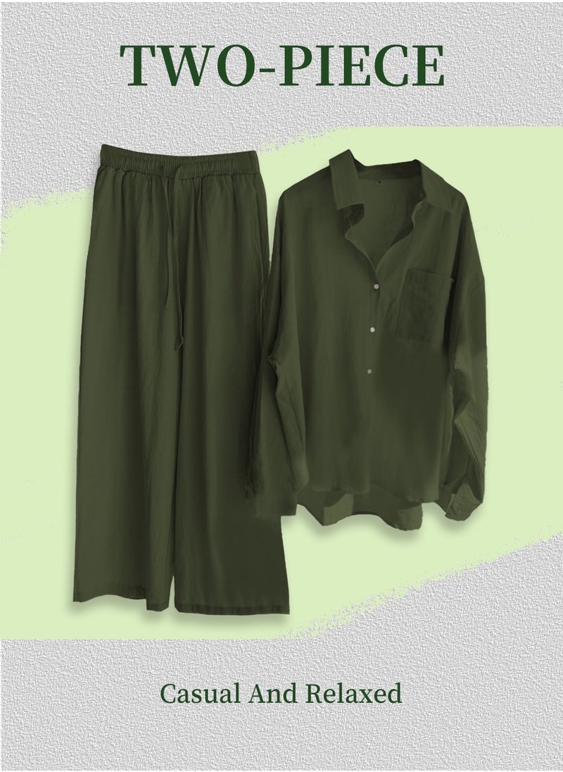 Moovant 2-Piece Women's Cotton and Linen Clothes Set, Long-sleeved Shirt + Loose Pants Set, Ladies Casual Shirt Suit, Soft Skin-friendly Long-Sleeve Lapel Shirt, Dark Green  - Image 3