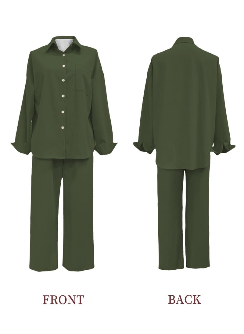 Moovant 2-Piece Women's Cotton and Linen Clothes Set, Long-sleeved Shirt + Loose Pants Set, Ladies Casual Shirt Suit, Soft Skin-friendly Long-Sleeve Lapel Shirt, Dark Green  - Image 4