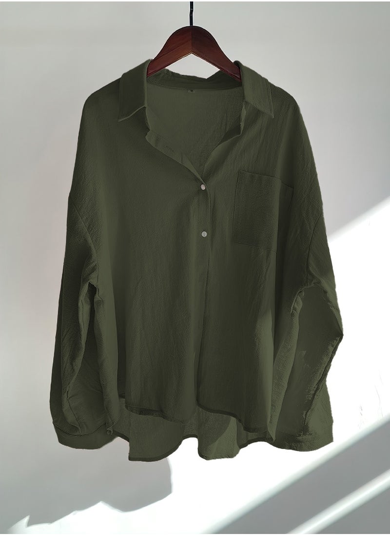Moovant 2-Piece Women's Cotton and Linen Clothes Set, Long-sleeved Shirt + Loose Pants Set, Ladies Casual Shirt Suit, Soft Skin-friendly Long-Sleeve Lapel Shirt, Dark Green  - Image 5
