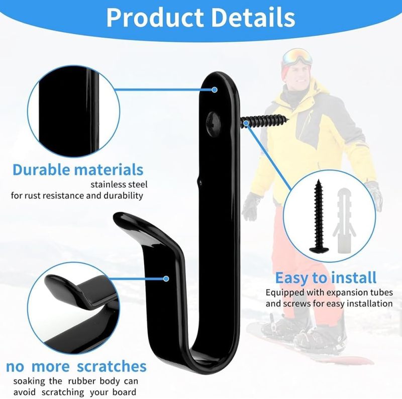 Snowboard Wall Mount: Black 30 Lb Heavy-duty Steel, Soft Felt Pads - Easy Installation, Minimalist Design for Home Garage, Bedroom, Office Storage & Display - Image 3