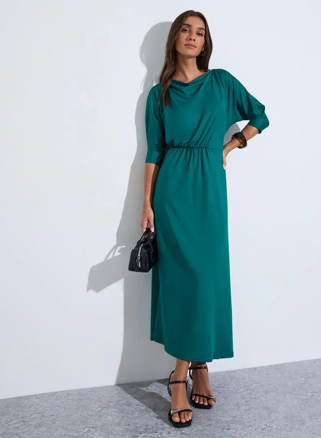 Teal Solid Ruched Detail 3/4 Sleeves A-Line Maxi Dress