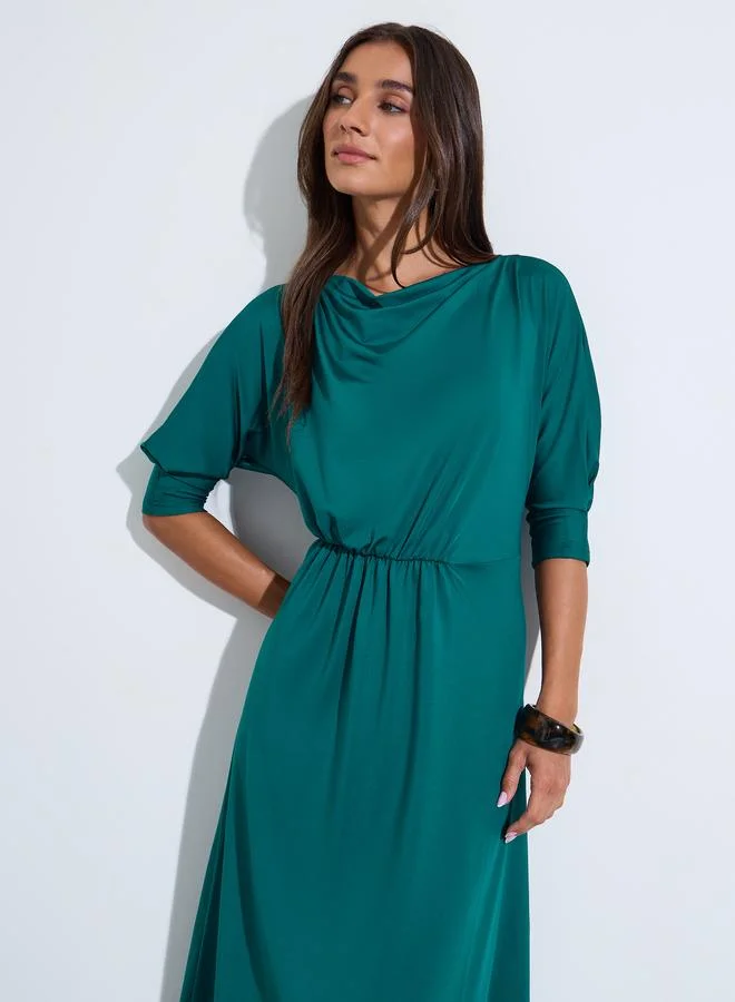 Styli  Teal Solid Ruched Detail 3/4 Sleeves A-Line Maxi Dress for Women | Best Price UAE