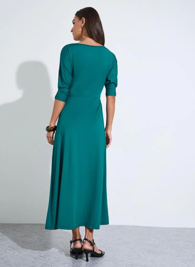 Styli  Teal Solid Ruched Detail 3/4 Sleeves A-Line Maxi Dress for Women | Best Price UAE
