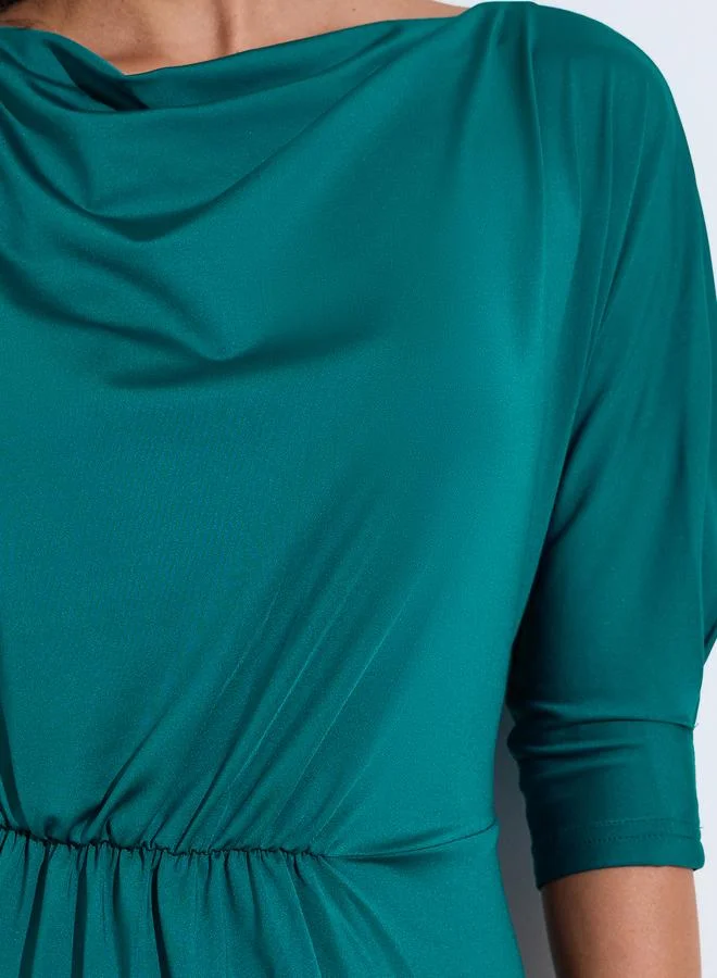 Styli  Teal Solid Ruched Detail 3/4 Sleeves A-Line Maxi Dress for Women | Best Price UAE