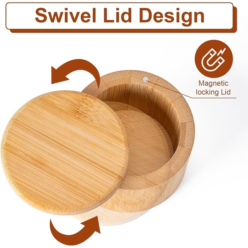 Husfunov Bamboo Salt Cellar, Salt Box with Magnetic Swivel Lid, Round Salt Container for Storing Salt Pepper Sugar Herbs,6 Ounce Capacity - Image 3