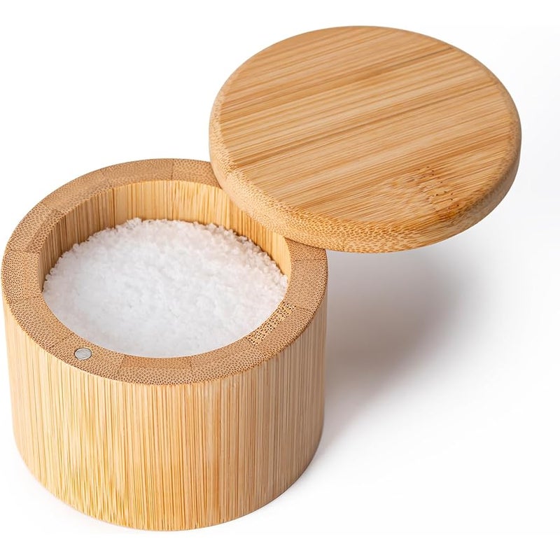 Husfunov Bamboo Salt Cellar, Salt Box with Magnetic Swivel Lid, Round Salt Container for Storing Salt Pepper Sugar Herbs,6 Ounce Capacity - Image 1