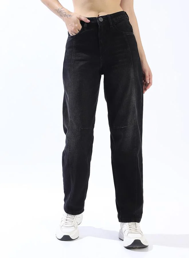HIGH STAR Women's Black 100% Cotton Distressed Pattern Full Length Denim Relaxed Jeans