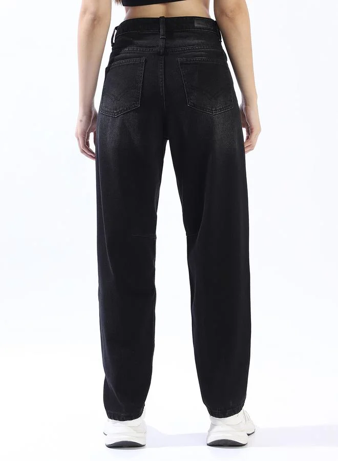 HIGH STAR Women's Black 100% Cotton Distressed Pattern Full Length Denim Relaxed Jeans