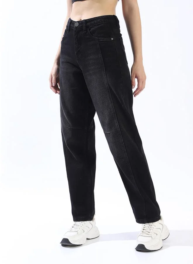 HIGH STAR Women's Black 100% Cotton Distressed Pattern Full Length Denim Relaxed Jeans