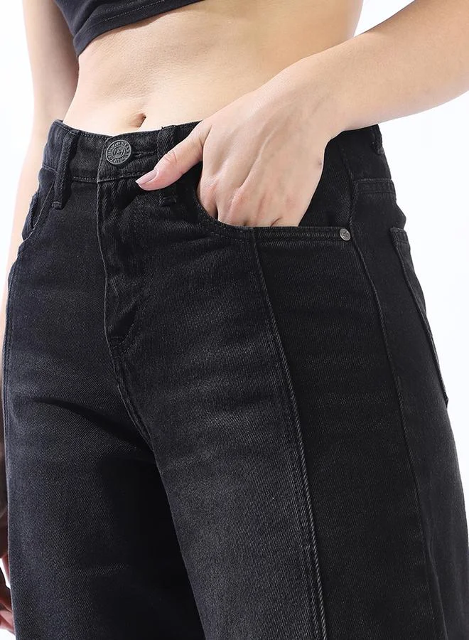 HIGH STAR Women's Black 100% Cotton Distressed Pattern Full Length Denim Relaxed Jeans