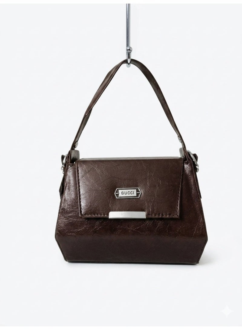 Women’s Hexagon-Shaped Crossbody Handbag with Carry Handle – Small Size 25 cm × 15 cm (Brown)