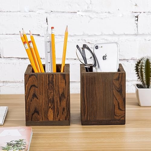 MyGift Set of 2 Natural Grain Wood Desktop Pen Holder Pencil Holder Cup Office Dorm Home Desk Supplies Organizer - Image 3