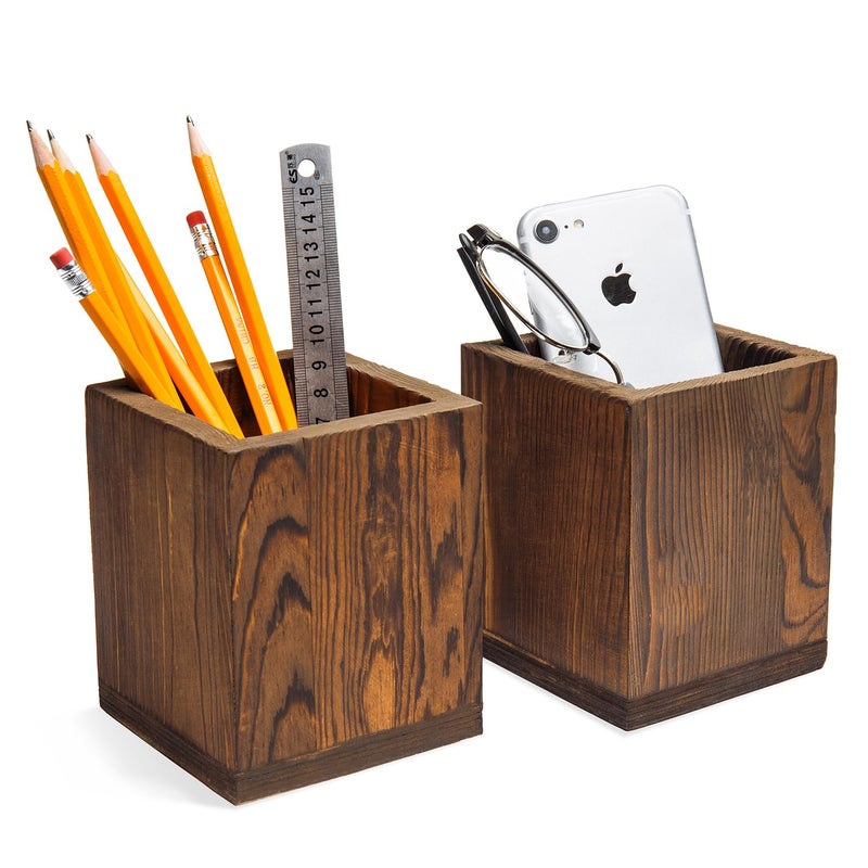 MyGift Set of 2 Natural Grain Wood Desktop Pen Holder Pencil Holder Cup Office Dorm Home Desk Supplies Organizer - Image 2