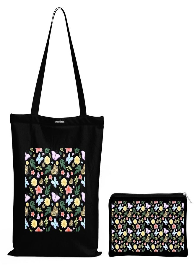 TrendoPrint Eco-Friendly Printed Black Tote Bag 14 x 16 inch with Makeup Pouch for College, Shopping and Travelling (TB32) - Image 1