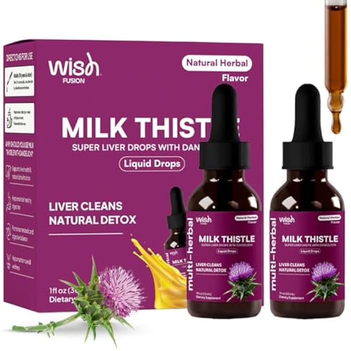 Wish Fusion Milk Thistle Drops with Dandelion Root Extract Super Liver Drops Organic Liver Support Supplement Liquid, Silymarin Milk Thistle Supplement for Liver Cleanse Detox & Repair, 30ml x 2 Pack - Image 1