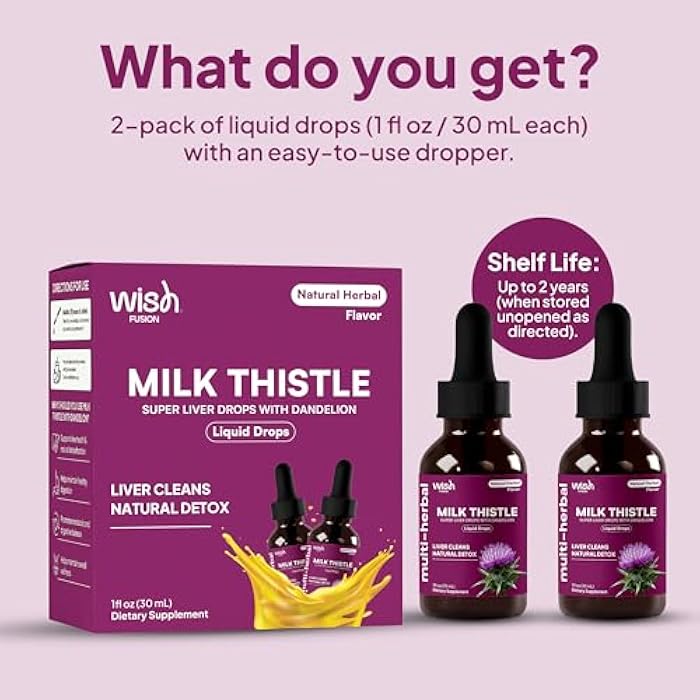 Wish Fusion Milk Thistle Drops with Dandelion Root Extract Super Liver Drops Organic Liver Support Supplement Liquid, Silymarin Milk Thistle Supplement for Liver Cleanse Detox & Repair, 30ml x 2 Pack - Image 5