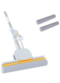 Sponge Mops 49" Long Handle 15" Head with 2 Pads, Self-Squeeze Sponge Mops, Strong Absorbent Sponge Mop, Hand Mop, for Floor Cleaning Squeeze with Wringer