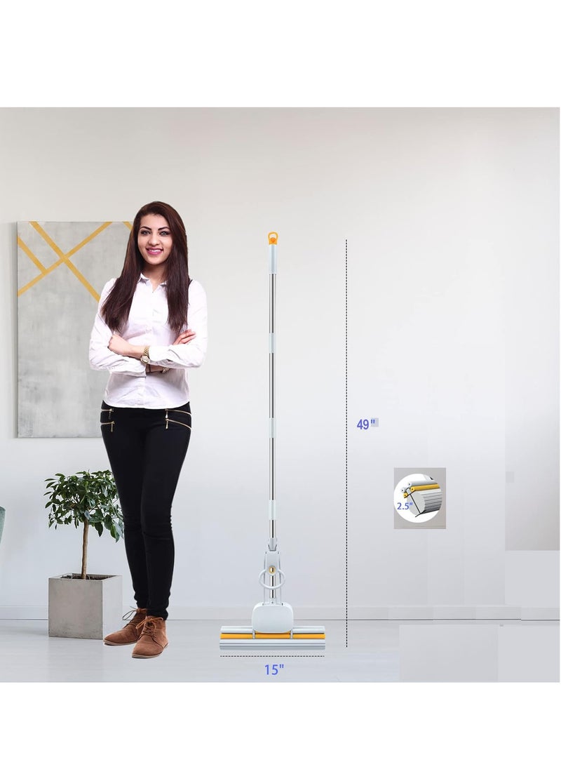 KASTWAVE - Sponge Mops 49" Long Handle 15" Head with 2 Pads, Self-Squeeze Sponge Mops, Strong Absorbent Sponge Mop, Hand Mop, for Floor Cleaning Squeeze with Wringer - Image 1