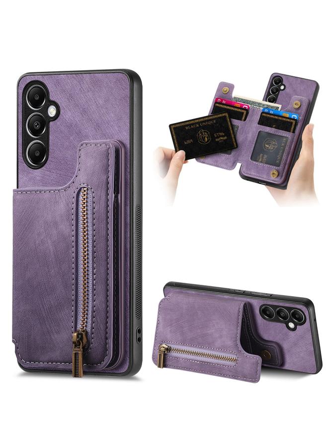 Green Tiger For Samsung Galaxy M15 Retro Leather Zipper Wallet Back Phone Case(Purple)