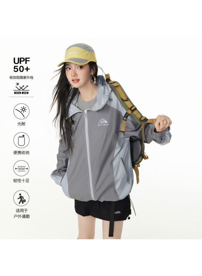 EPTISON women's Sun Protection Shirt - 2025 Summer New Loose Fit Color-blocking Hooded Casual Outdoor Thin Jacket - Image 2