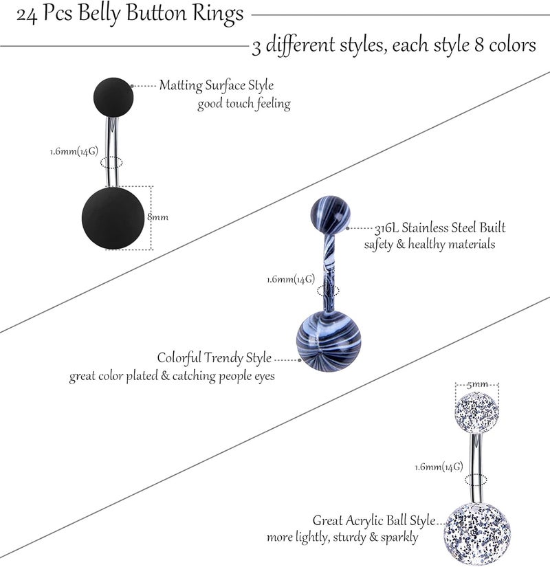 EVELICAL 24-50Pcs 14G Stainless Steel Belly Button Rings for Women CZ Screw Navel Bars Body Piercing Jewelry - Image 3