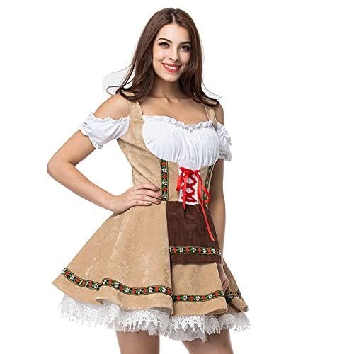 COSWE Women's German Dirndl Dress Off Shoulder Oktoberfest Beer Girl Costume (Apricot, XX-Large) - Image 4