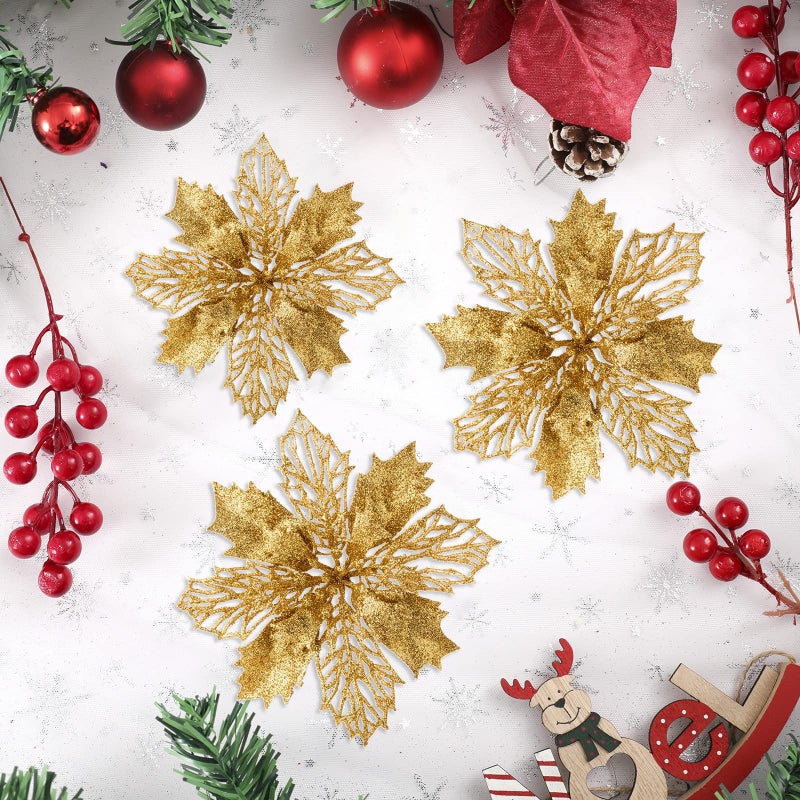 Wironlst 16 Pcs Glitter Poinsettia Flowers Artificial - Christmas Gold Poinsettia Decorations Tree Flowers Ornaments for Xmas/Holiday/Seasonal/Wedding Decor - Image 3