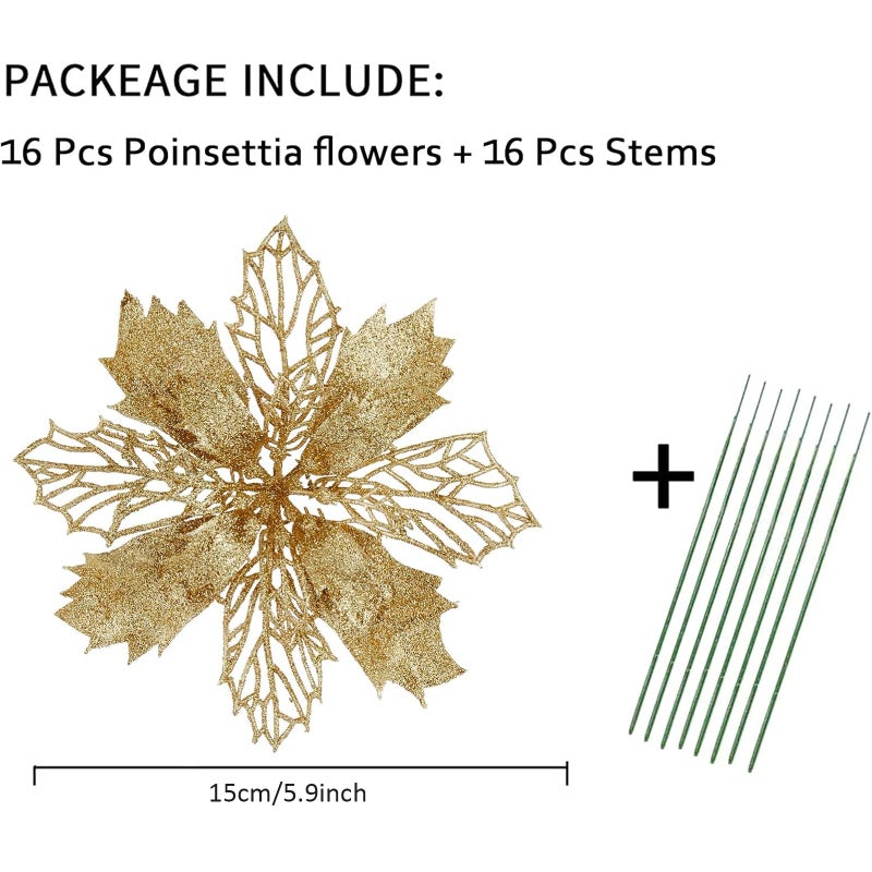 Wironlst 16 Pcs Glitter Poinsettia Flowers Artificial - Christmas Gold Poinsettia Decorations Tree Flowers Ornaments for Xmas/Holiday/Seasonal/Wedding Decor - Image 2